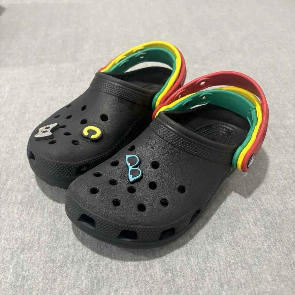 Crocs Classic Clog Black Triple Strap Red Yellow Green Jibbitz Mens 4 Womens 6
